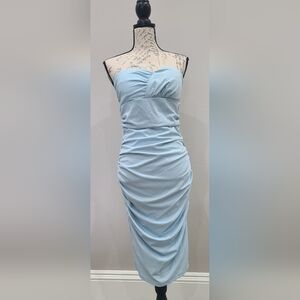Selfie Leslie Strapless Light Blue Ruched Midi Dress